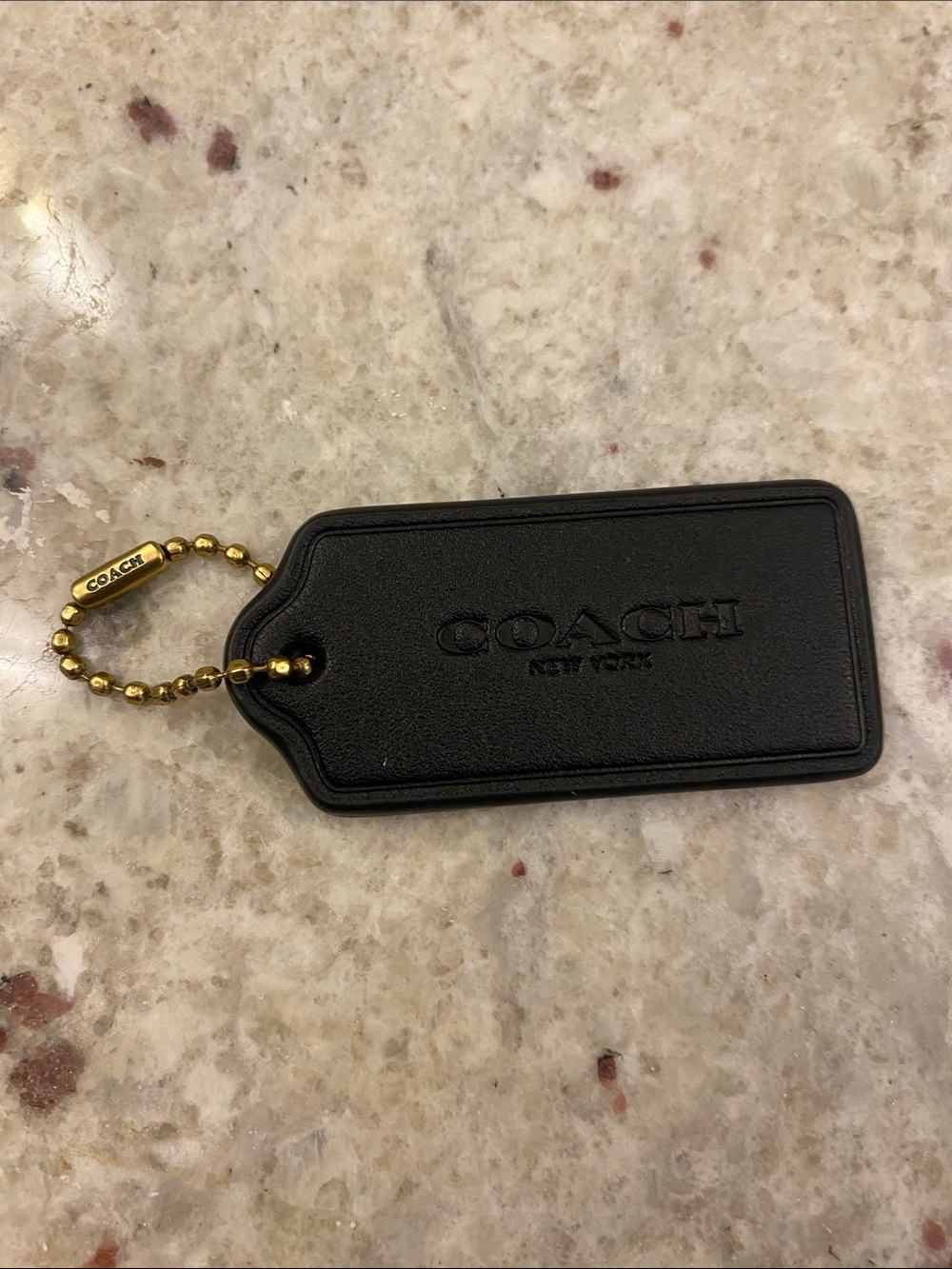 Coach Black Leather hang Tag with Gold Bead Chain Says Coach on chain & tag New
